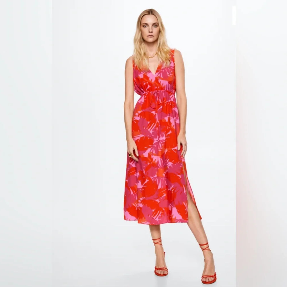 MNG Mango Sleeveless Flowy Printed Midi Dress, size 6, Tropical Summer Beachy